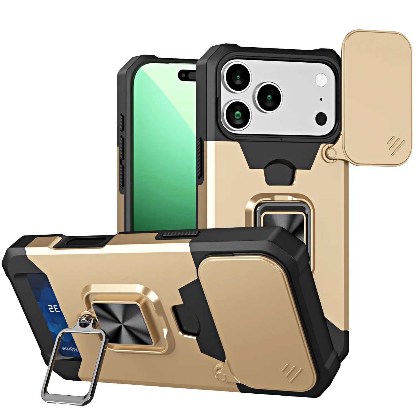 Case For iPhone 17 16 15 14 13 12 11 Pro Max XS Plus Slide Camera Card Holder Slot Duty Wallet Protective With Ring Stand Cover