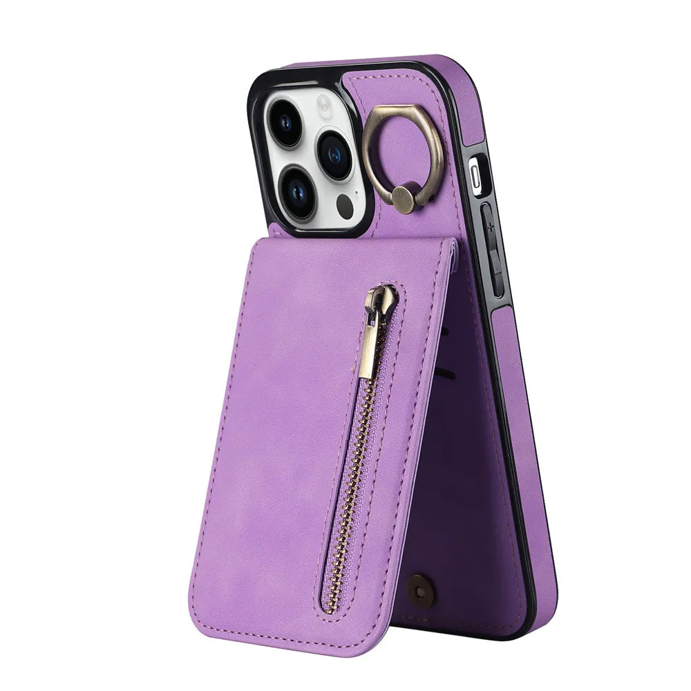 Zipper Cards Holder Leather Wallet Phone Case For iPhone 14 15 16 Pro Max 12 11 13 XS X XR 8 7 Plus Anti-drop Kickstand Cover