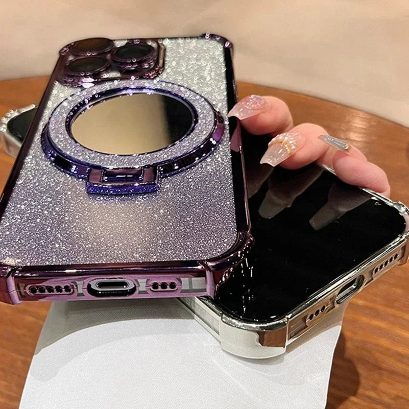 Luxury Magsafe Wireless Charging Glitter Phone Case For iPhone 16 11 12 13 14 15Pro Max Plus Plating Mirror Airbag Bracket Cover