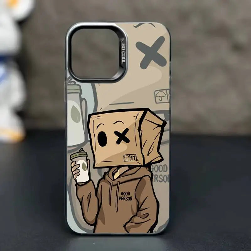 Cartoon Box Man Pattern Plating Phone Case for iPhone 16 15 14 13 12 11 Pro Max 16E XS X XR 7 8 Plus SE2 Shockproof Matte Cover