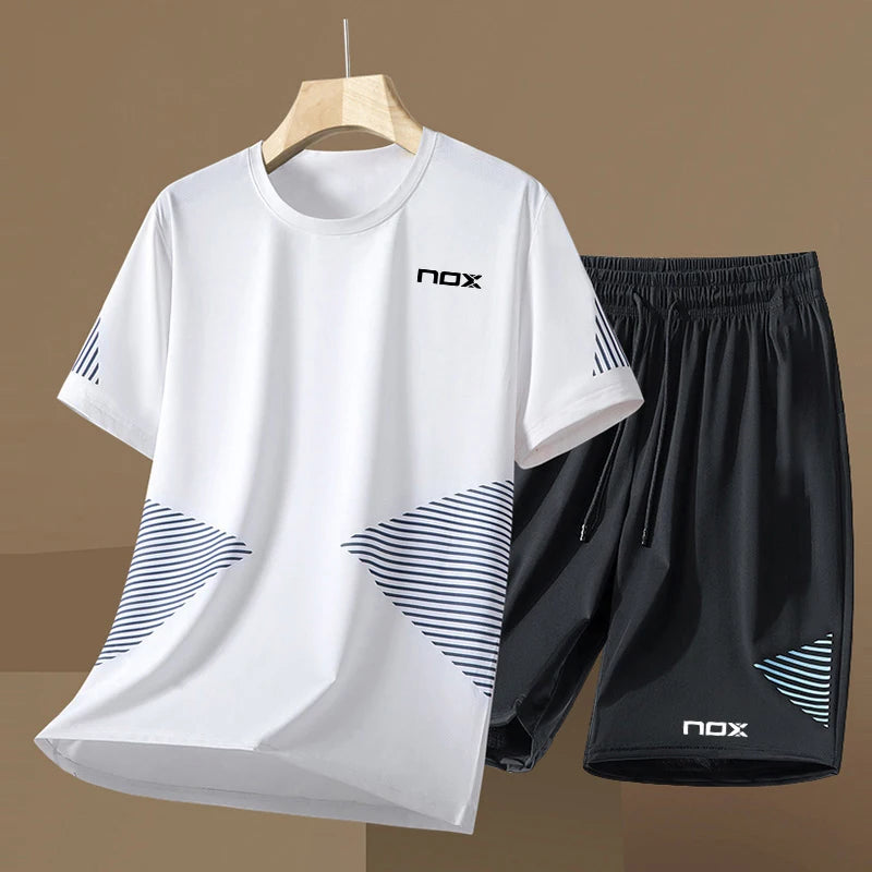 Men Short Sleeve T-Shirt +Shorts Two Piece Suit Outdoor Tennis Sportswear Fashion Breathable Fitness Clothing Summer Run Outfit