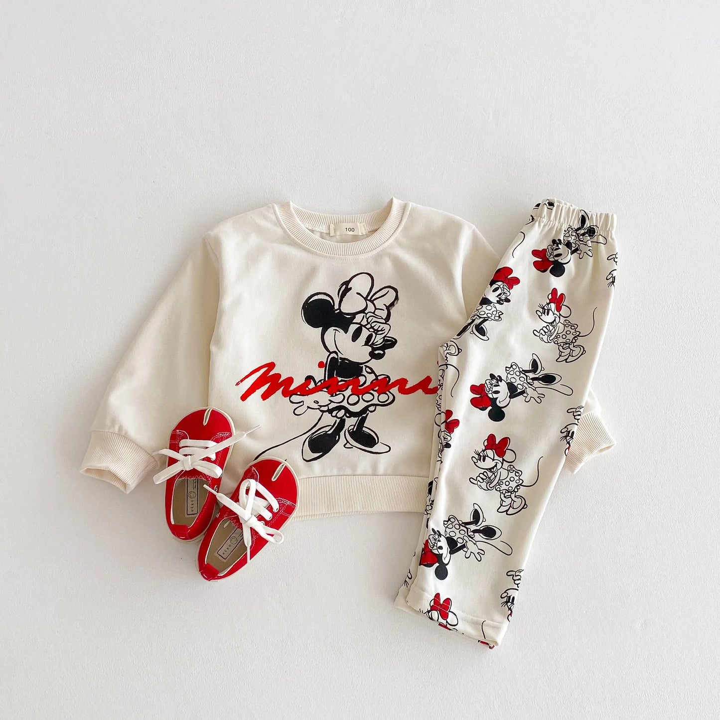 Full-print Minnie Cute Baby Girls Sweatshirt Suit Spring Fall Children's Clothes Loose Fashion Long Sleeve Tops Pants 2piece Set
