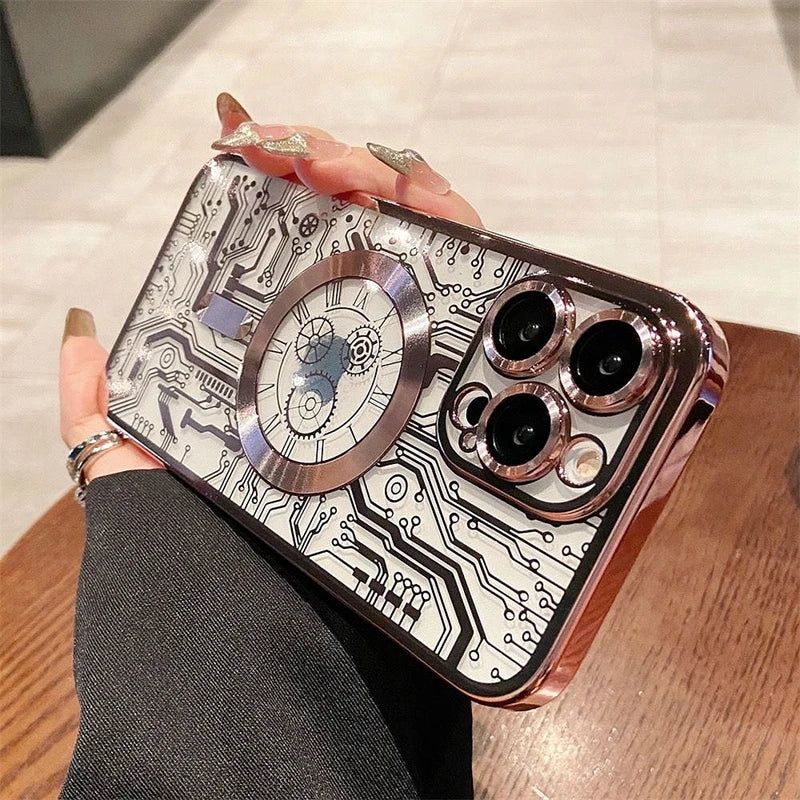 Luxury Magsafe Mechanical Gear Transparent Case For iPhone 16 Pro Max 15 14 13 12 11 Plus Soft Wireless Charging Magnetic Cover