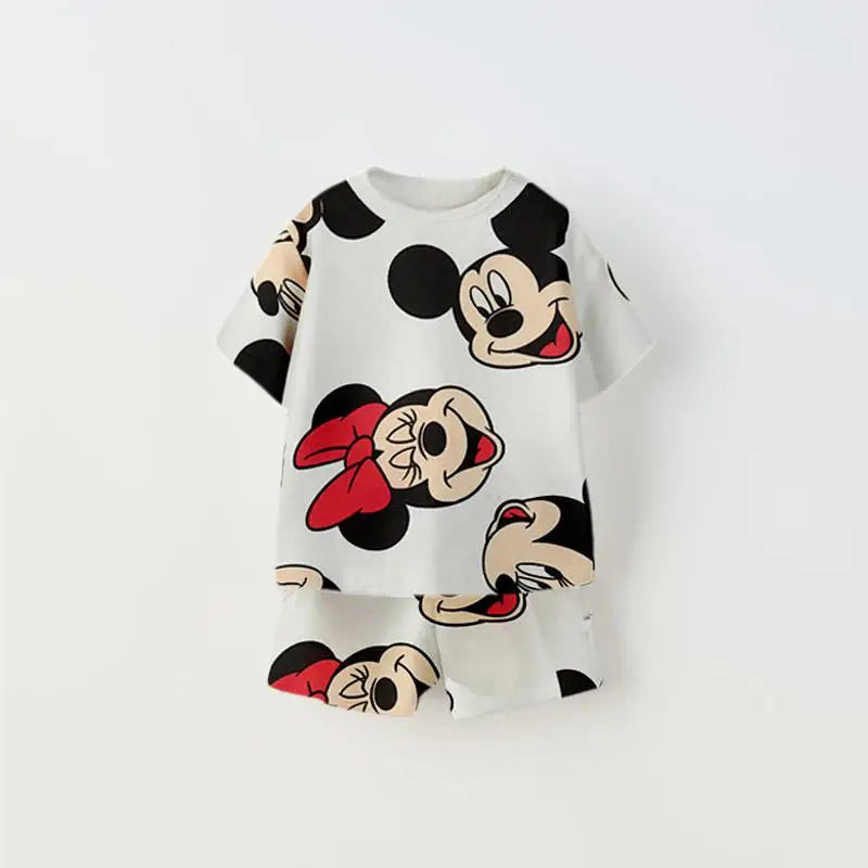 Girls 2025 Summer Outfits Minnie Full Print Tshirt Shorts Casual Sports Loose Clothes Baby Cute Fashion Wear Pink Tracksuits
