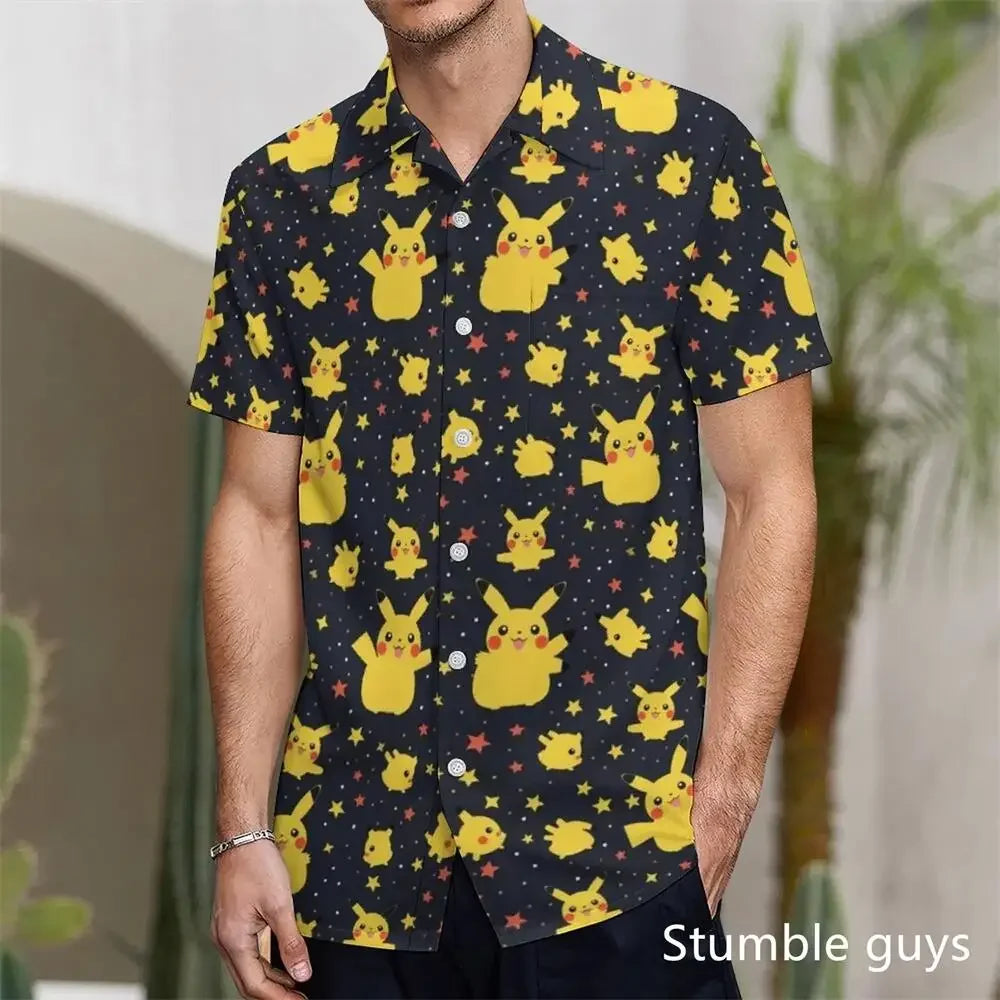 Pokemon Pikachu Hawaiian Men's Shirts 3D Printed Men's Summer Beach Oversize Anime Short-sleeved T-shirt