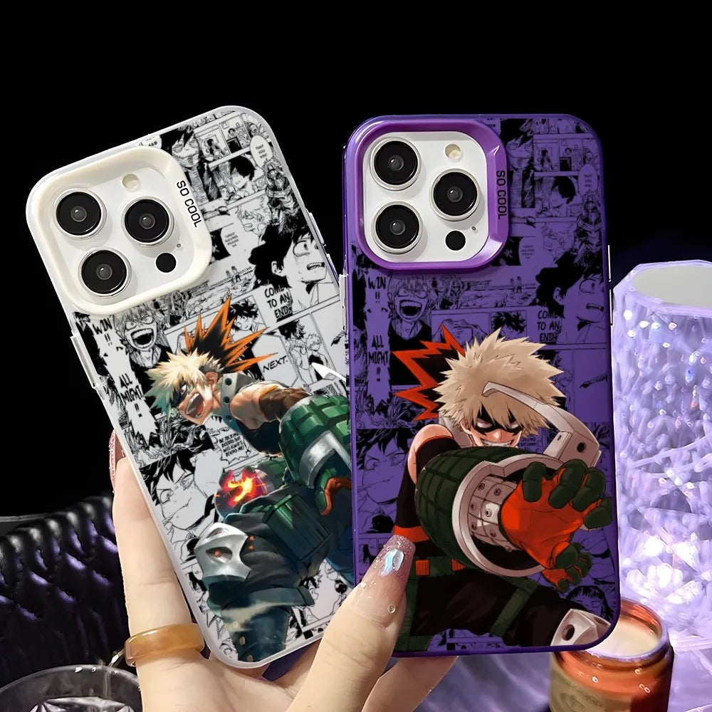 Anime K-Katsuki Bakugo Phone Case For iPhone 16 15 14 13 12 11 Pro Max Black Matte Multicolor Laser Metallic Aurora Cover