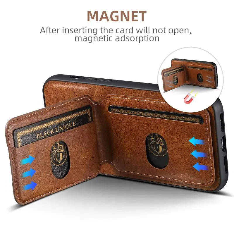 Leather Wallet Card Slots Pocket Phone Case For iPhone 16 15 14 13 12 11 Pro XS Max Plus X XR Invisible Holder Shockproof Cover