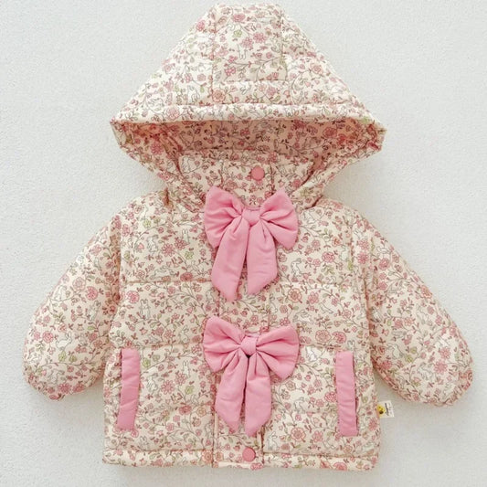 Baby Girls Cotton-padded Jacket Coat 2024 Winter New Plus Velvet Infant Bowtie Coats Kids Fashion Floral Warm Hooded Outerwears