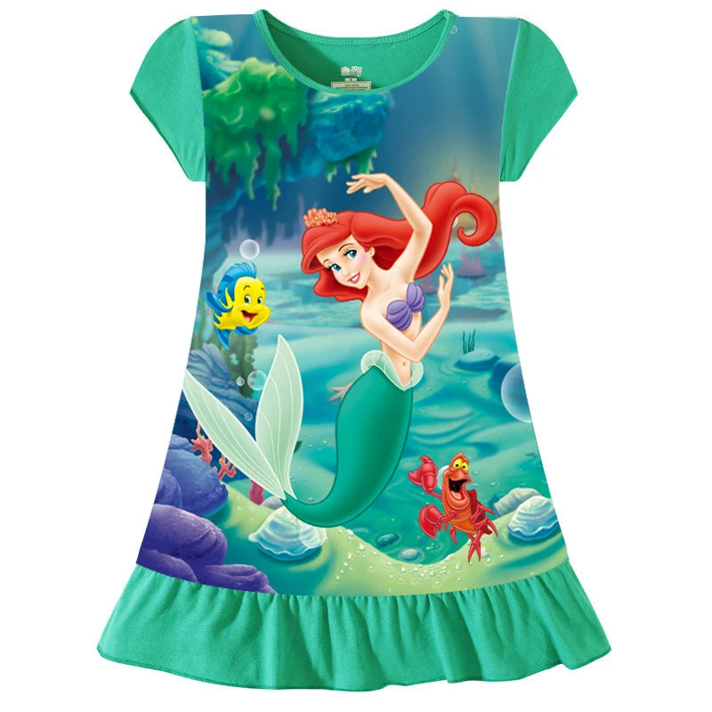 Summer New Cartoon Anna Elsa Printing Sleepwear Snow White Mermaid Girl Nightgowns Children Party Dresses Pajamas For Girls