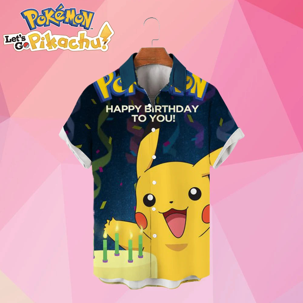Pikachu Men's Shirt Short Sleeve Cute HD Printed Street Wear Hawaiian Casual 2024 Harajuku Children's Anime Cartoon