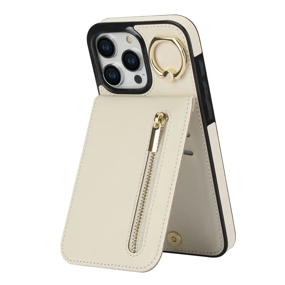 Zipper Cards Holder Leather Wallet Phone Case For iPhone 14 15 16 Pro Max 12 11 13 XS X XR 8 7 Plus Anti-drop Kickstand Cover