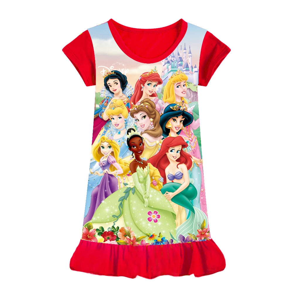 Summer New Cartoon Anna Elsa Printing Sleepwear Snow White Mermaid Girl Nightgowns Children Party Dresses Pajamas For Girls
