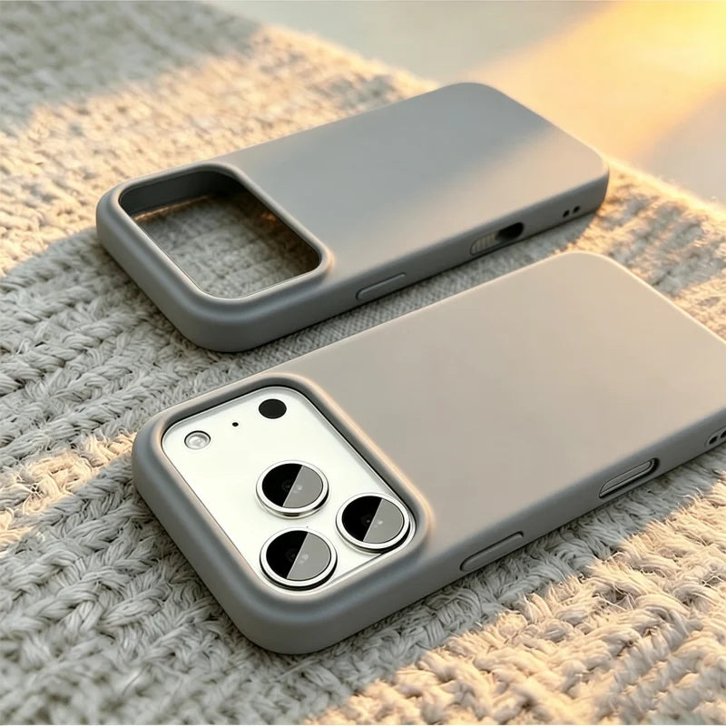 Two matte gray smartphone cases shown on a textured knit surface, with one case displaying the back and the other showing the side and camera cutout.