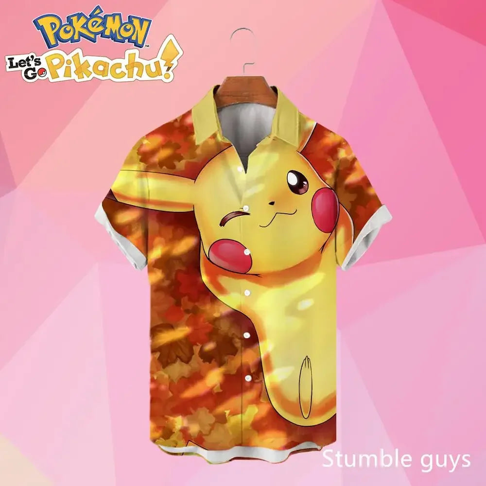 Pokemon Pikachu Hawaiian Men's Shirts 3D Printed Men's Summer Beach Oversize Anime Short-sleeved T-shirt