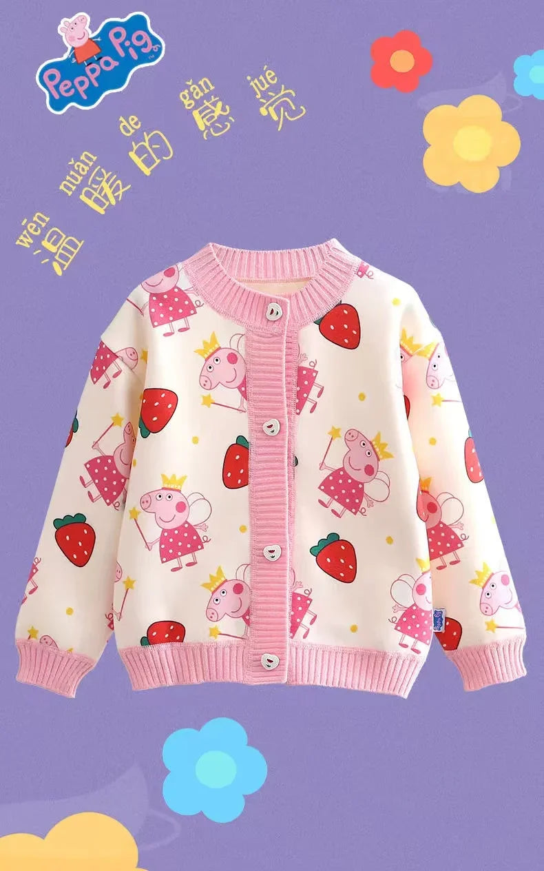 Peppa Pig Autumn and winter girls' cartoon jacquard western-style versatile plus velvet boys' cardigan clothing