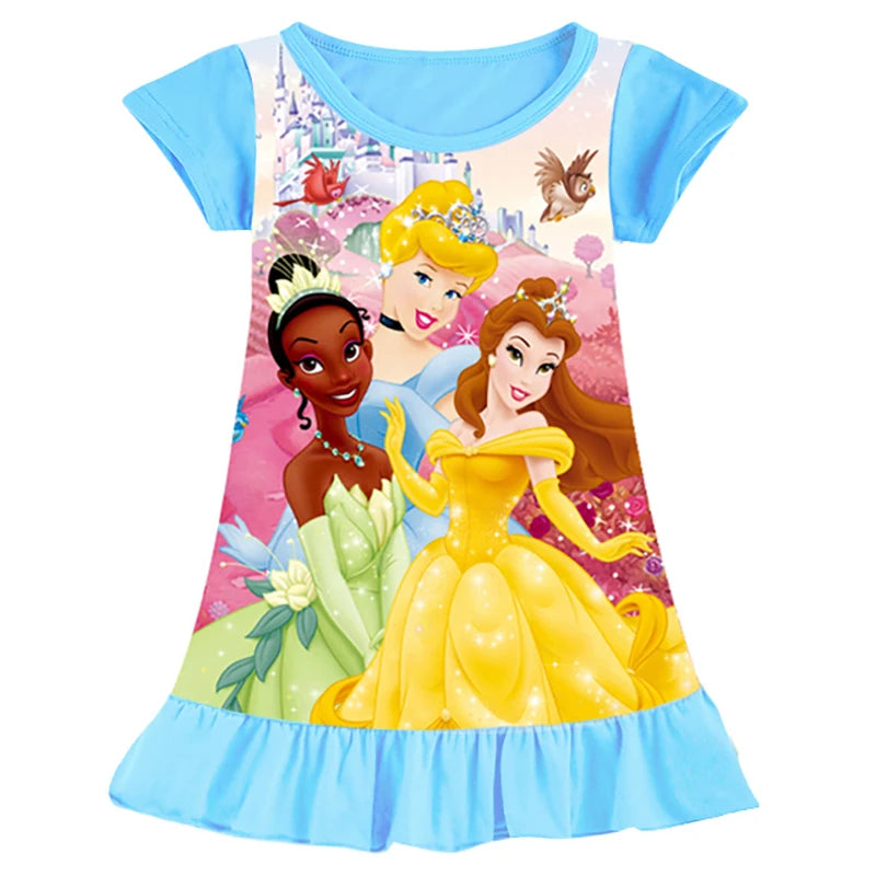 Summer New Cartoon Anna Elsa Printing Sleepwear Snow White Mermaid Girl Nightgowns Children Party Dresses Pajamas For Girls