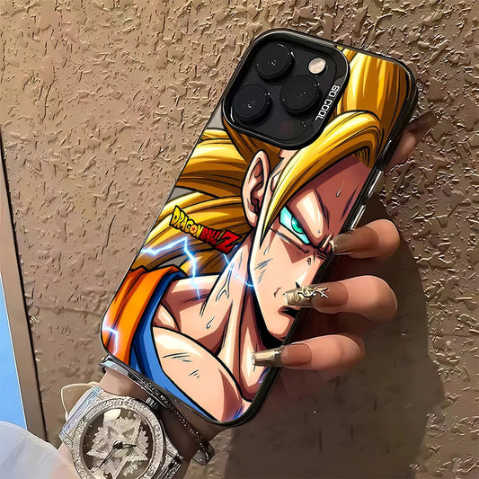 A close-up of a hand holding a smartphone case featuring an anime-style character with blond hair, blue eyes, and a blue-and-orange outfit. The case has a black border and a visible Dragon Ball Z logo.