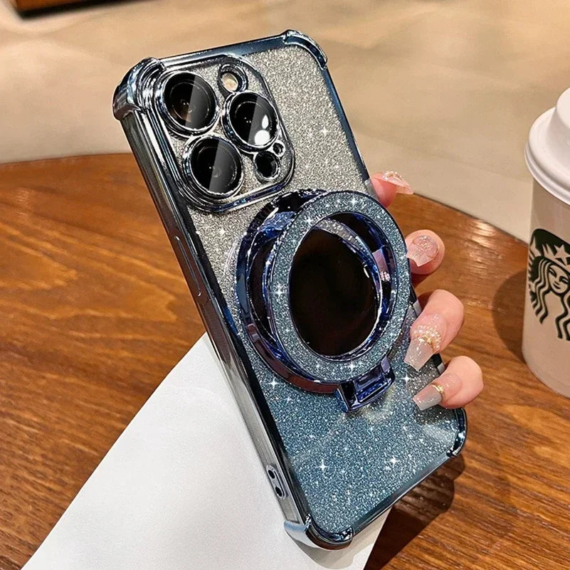 Luxury Magsafe Wireless Charging Glitter Phone Case For iPhone 16 11 12 13 14 15Pro Max Plus Plating Mirror Airbag Bracket Cover