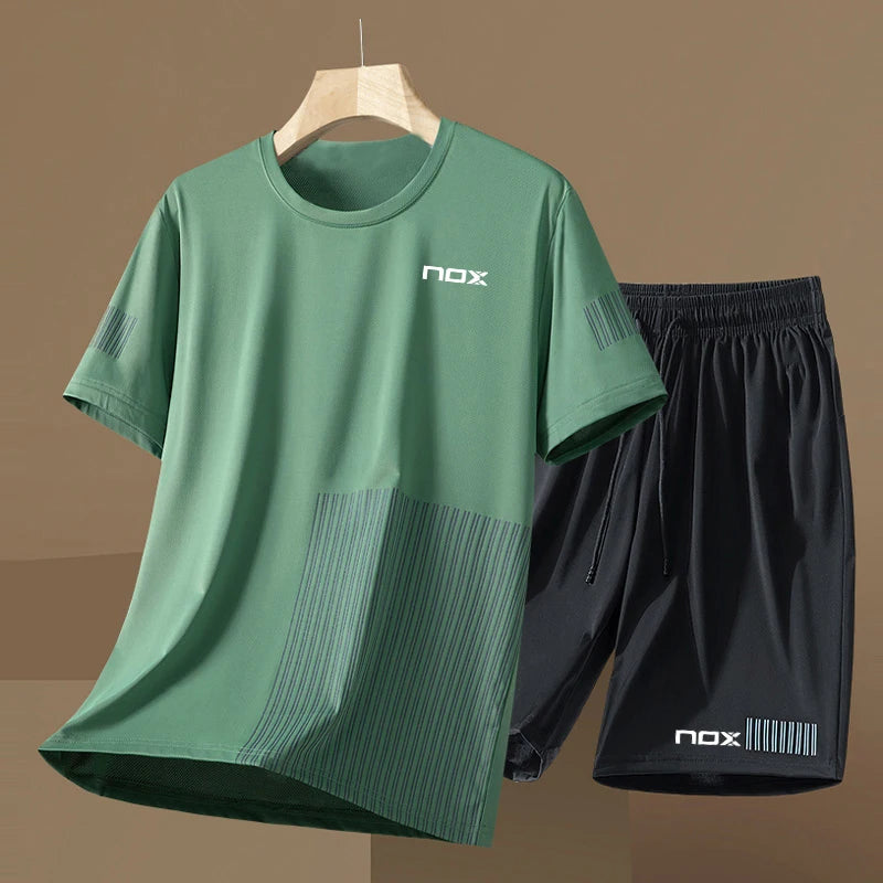 Men Short Sleeve T-Shirt +Shorts Two Piece Suit Outdoor Tennis Sportswear Fashion Breathable Fitness Clothing Summer Run Outfit
