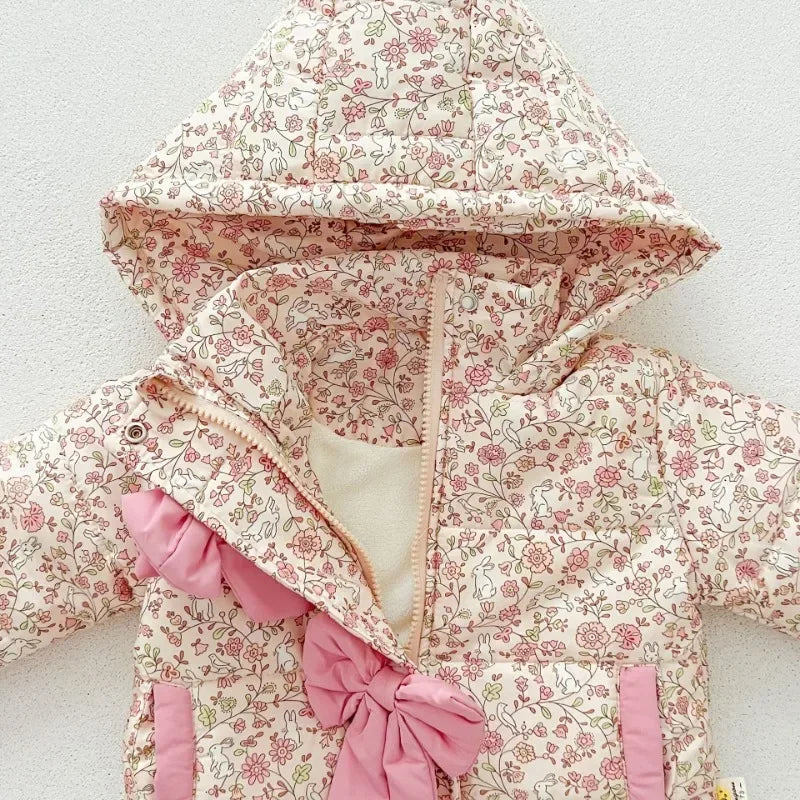 Baby Girls Cotton-padded Jacket Coat 2024 Winter New Plus Velvet Infant Bowtie Coats Kids Fashion Floral Warm Hooded Outerwears