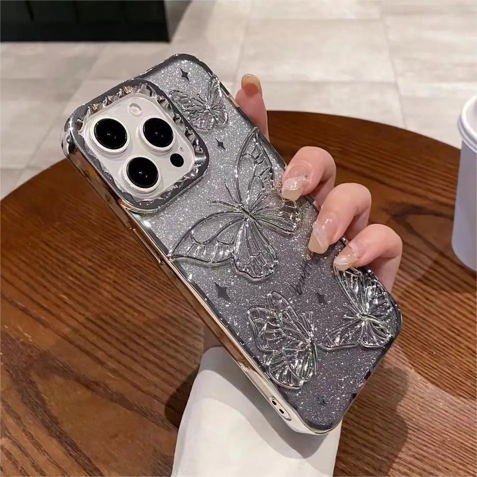 3D Bling Glitter Butterfly Quicksand Gradient Phone Case For iPhone 16 15 14 13 12 11 Pro Max 16 Plus Plating Shockproof Cover