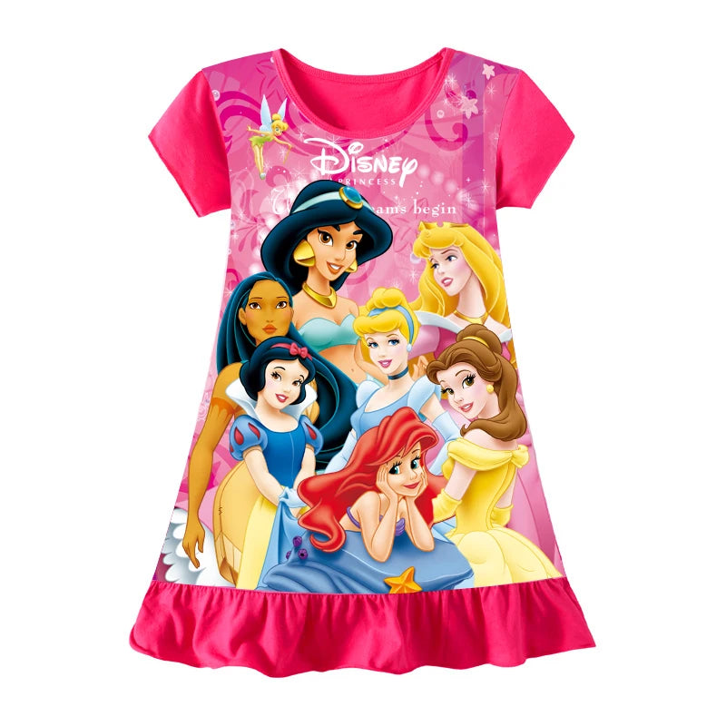 Summer New Cartoon Anna Elsa Printing Sleepwear Snow White Mermaid Girl Nightgowns Children Party Dresses Pajamas For Girls