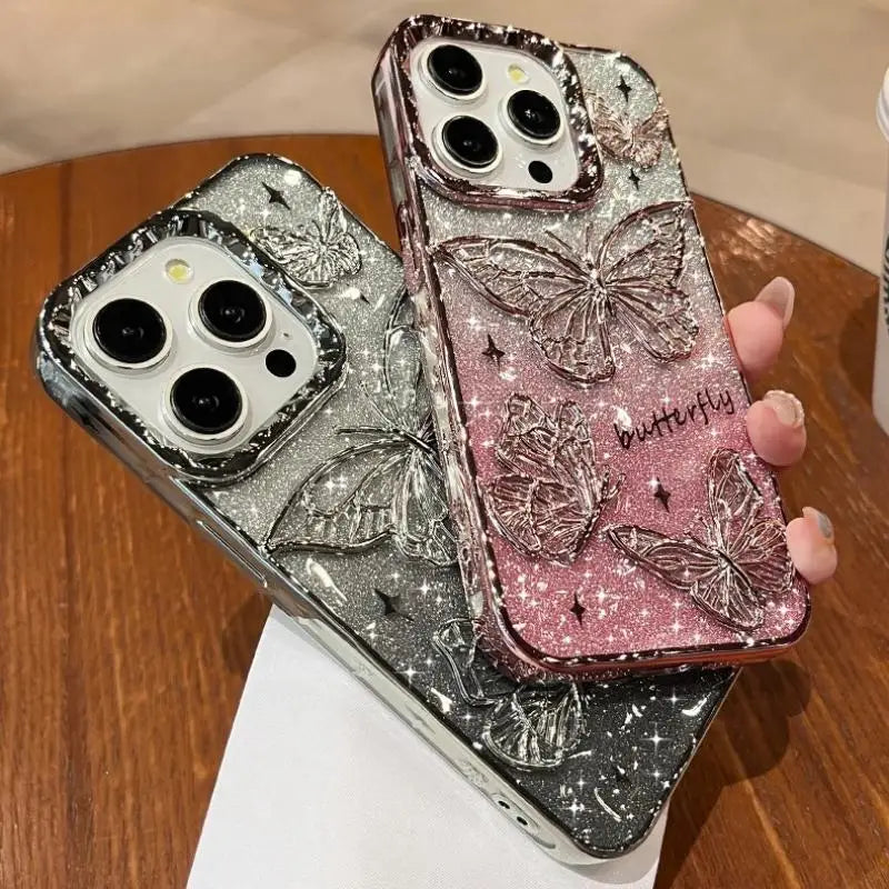 3D Bling Glitter Butterfly Quicksand Gradient Phone Case For iPhone 16 15 14 13 12 11 Pro Max 16 Plus Plating Shockproof Cover