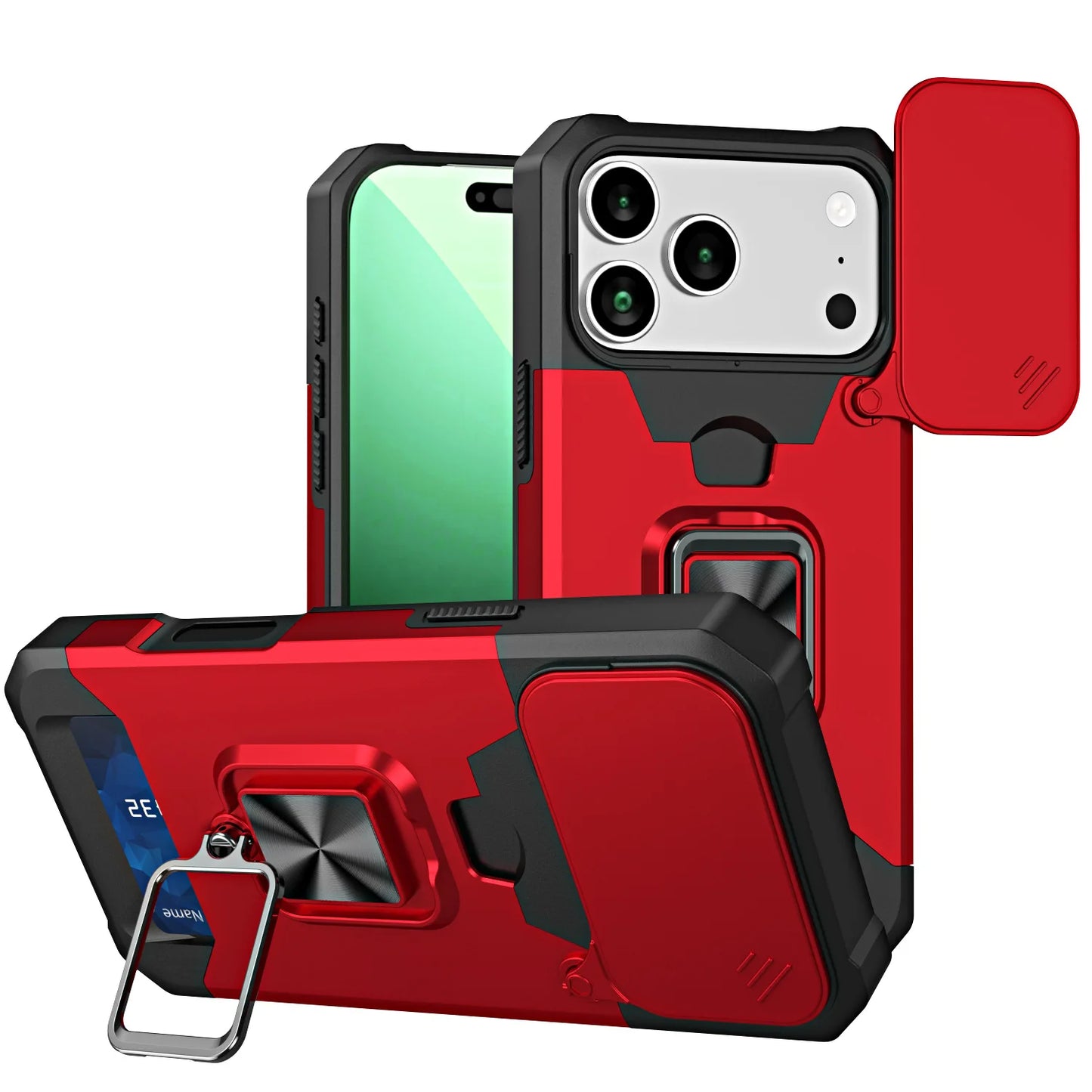 Case For iPhone 17 16 15 14 13 12 11 Pro Max XS Plus Slide Camera Card Holder Slot Duty Wallet Protective With Ring Stand Cover