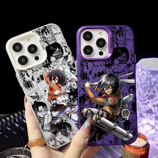 Anime M-Mikasa A-Ackerman Phone Case For iPhone 16 15 14 13 12 11 Pro Max Black Matte Multicolor Laser Metallic Aurora Cover