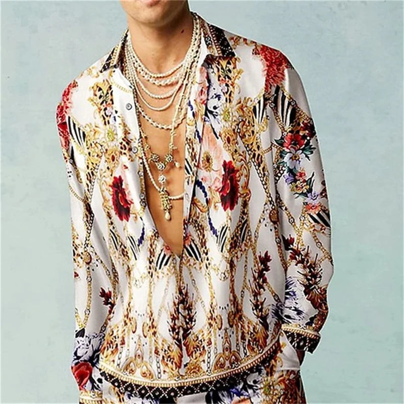 Casual Minimalist Design Long Sleeve Shirts Autumn Fashion Printed Pattern men's Shirt Street Retro Harajuku men's Clothing Tops