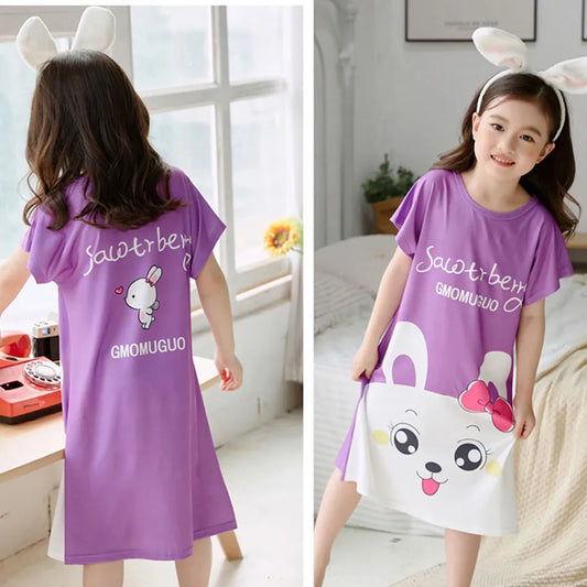 Children Sleepwear Girls Short Sleeve Cartoon Dinosaur Bunny Unicorn Nightgowns Comfort and Trendy Sleep Dress Summer Pajamas