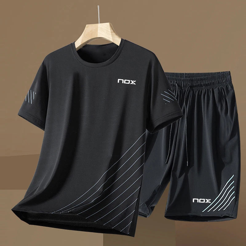 Men Short Sleeve T-Shirt +Shorts Two Piece Suit Outdoor Tennis Sportswear Fashion Breathable Fitness Clothing Summer Run Outfit