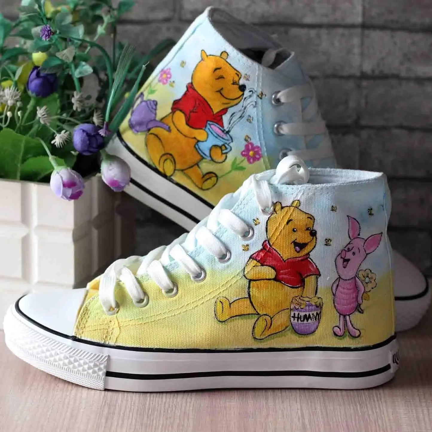 Real Pictures Good 2024 Casual Canvas Shoes Hand-painted Winnie The Pooh Bear Custom Shoes Large Size High-top Lace-up Shoes