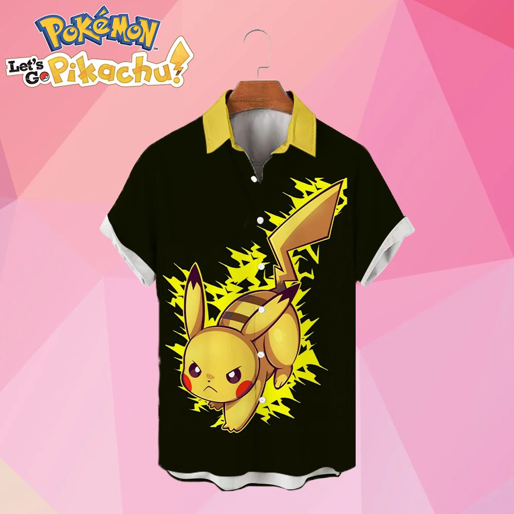 Pikachu Men's Shirt Short Sleeve Cute HD Printed Street Wear Hawaiian Casual 2024 Harajuku Children's Anime Cartoon