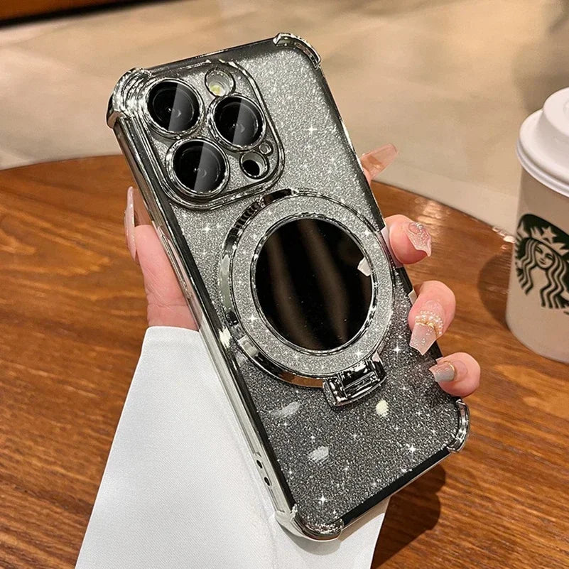 Luxury Magsafe Wireless Charging Glitter Phone Case For iPhone 16 11 12 13 14 15Pro Max Plus Plating Mirror Airbag Bracket Cover