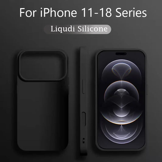 Black silicone phone case shown from two angles: back view with a large camera cutout and side profile, displayed next to an iPhone. White text at the top reads 'For iPhone 11-18 Series' and 'Liquidi Silicone'.