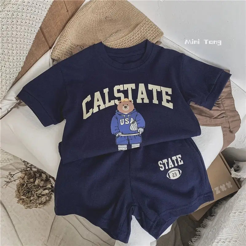 Summer Toddler Baby Girl Solid Cotton Clothes Short Sleeve Cartoon Bear Printed T-shirts and Shorts 2pcs Set Kid Boy Tracksuits - ST Superstore