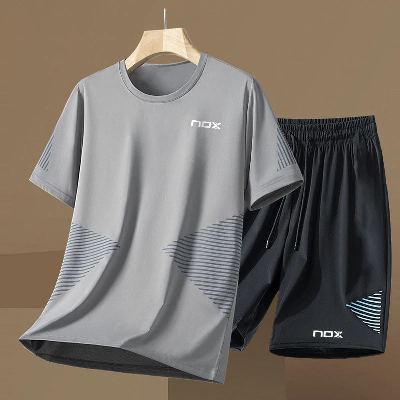 Men Short Sleeve T-Shirt +Shorts Two Piece Suit Outdoor Tennis Sportswear Fashion Breathable Fitness Clothing Summer Run Outfit