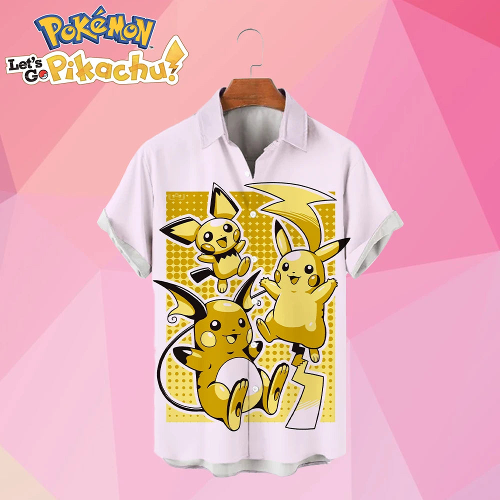 Pikachu Men's Shirt Short Sleeve Cute HD Printed Street Wear Hawaiian Casual 2024 Harajuku Children's Anime Cartoon