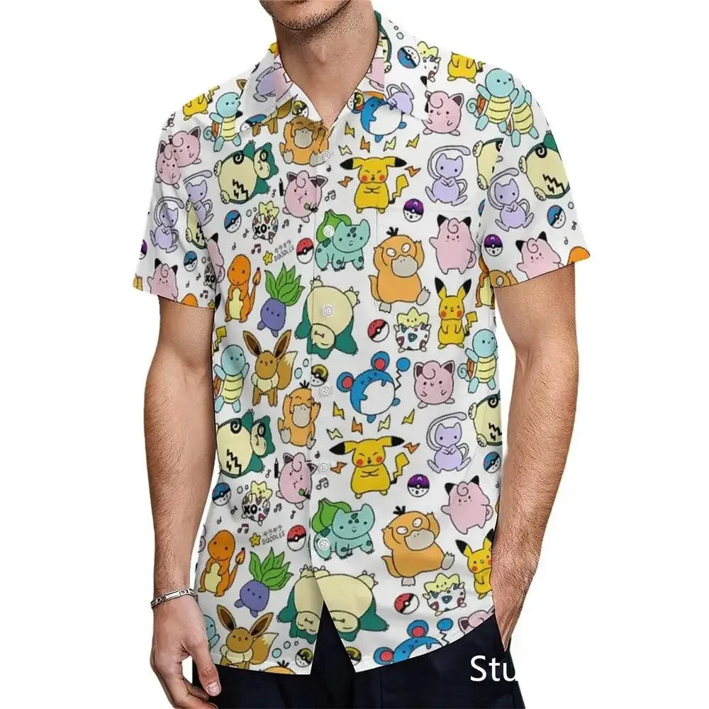Pokemon Pikachu Hawaiian Men's Shirts 3D Printed Men's Summer Beach Oversize Anime Short-sleeved T-shirt