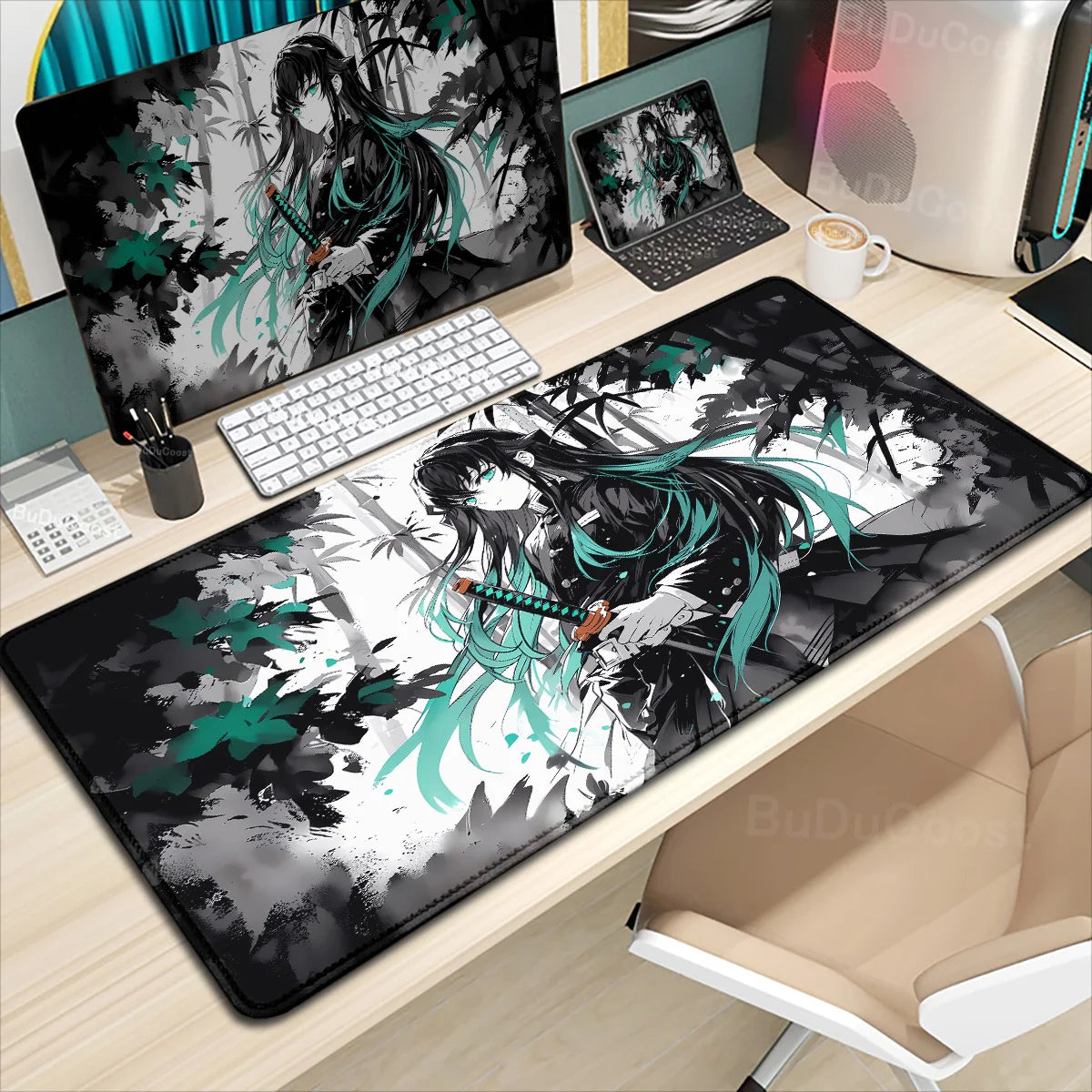 XXL Anime Demon Slayer Kochou Shinobu Mousepad Computer Gamer Lock Edge Table Pad Large Keyboard Mouse Pad Natural Rubber Carpet
