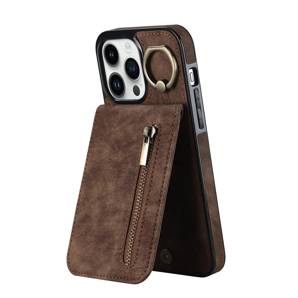 Zipper Cards Holder Leather Wallet Phone Case For iPhone 14 15 16 Pro Max 12 11 13 XS X XR 8 7 Plus Anti-drop Kickstand Cover