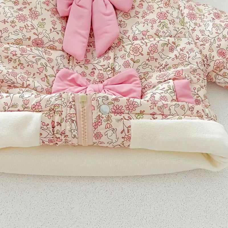 Baby Girls Cotton-padded Jacket Coat 2024 Winter New Plus Velvet Infant Bowtie Coats Kids Fashion Floral Warm Hooded Outerwears