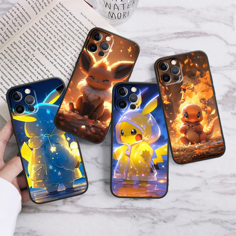 Trend Cartoon Cute Pokemon For iPhone 15 14 13 12 11 XS XR X 8 7 SE Pro Max Plus Mini Black Back Phone Case