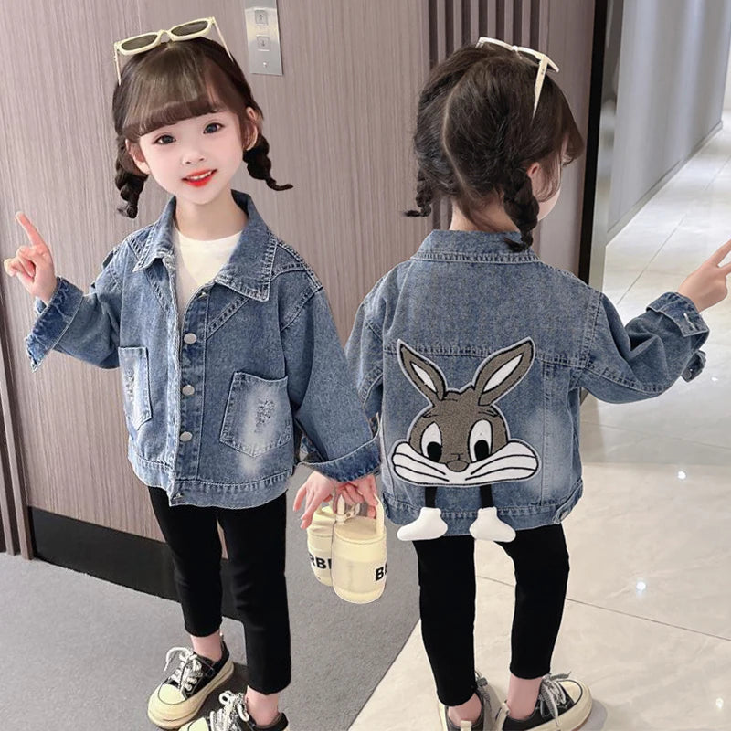 2-7 Years Girls Denim Jackets New Fashion Kids Embroidery Cartoon Rabbit Coat Autumn Children Outerwear Casual Girls Clothes