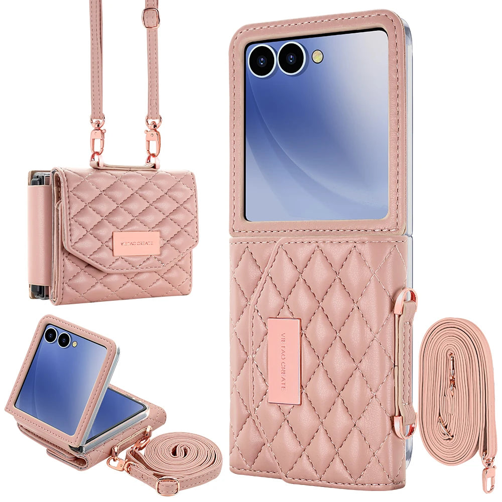 VIETAO Luxury Soft PU Leather Wallet Phone Case for Galaxy Z Flip 7/6/5/4/3 with Crossbody Strap - Durable Protective Cover