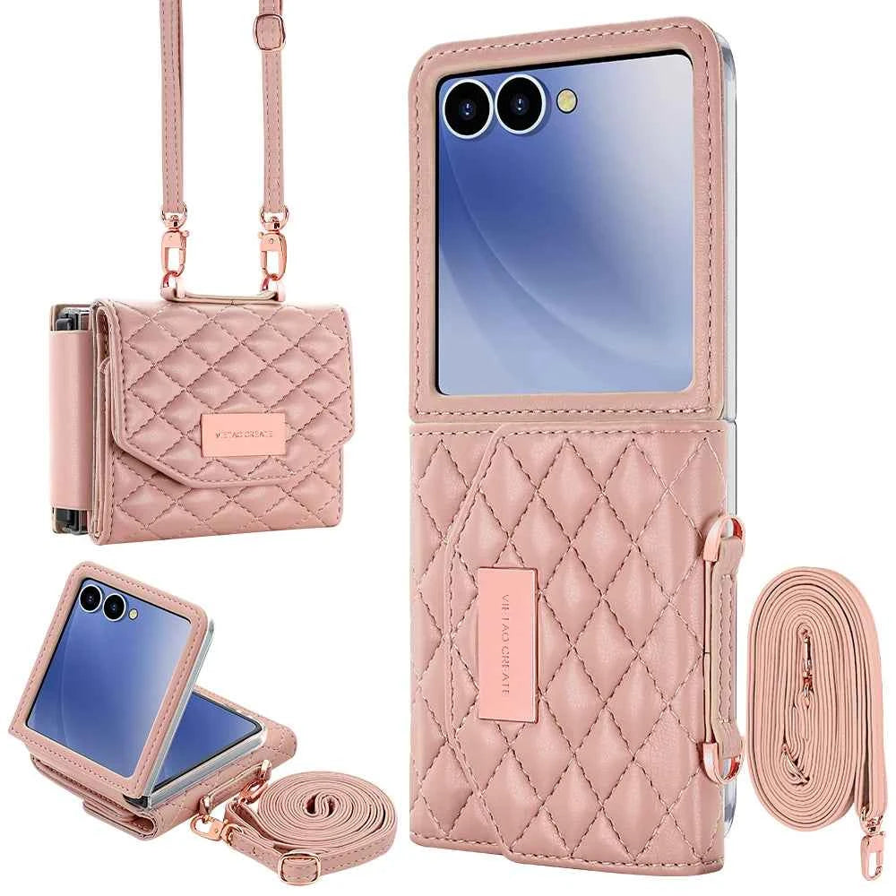 VIETAO Luxury Soft PU Leather Wallet Phone Case for Galaxy Z Flip 7/6/5/4/3 with Crossbody Strap - Durable Protective Cover