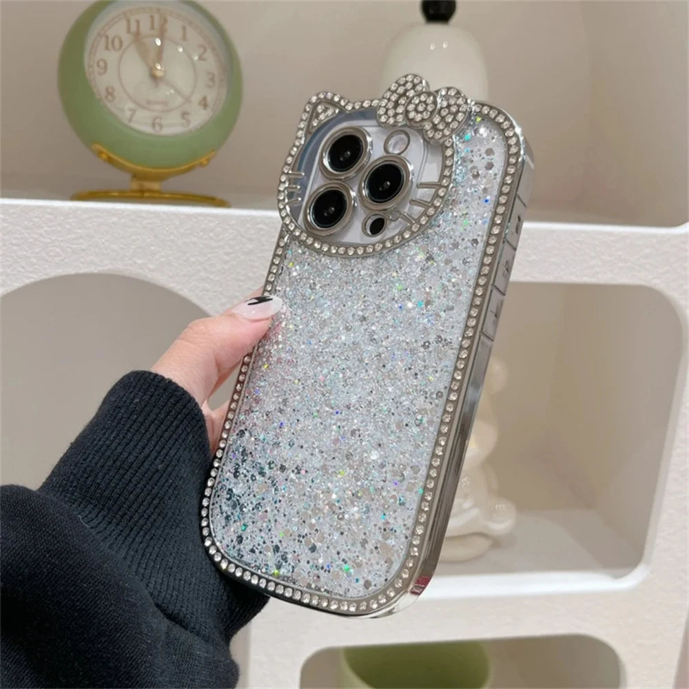 Luxury Sequins 3D Cat Ears Glitter Phone Case for Iphone 16 14 13 12 11 Pro Max 15 Plus Bling Diamond Plating Shockproof Cover