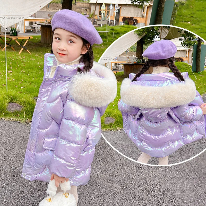 Cute Wings Winter Girls Jacket Keep Warm Princess Coat Fur Collar Hooded Zipper Windproof Girls Outerwear 2 3 4 5 6 8 10 Years