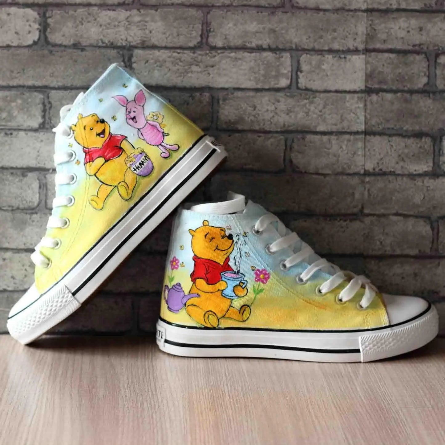 Real Pictures Good 2024 Casual Canvas Shoes Hand-painted Winnie The Pooh Bear Custom Shoes Large Size High-top Lace-up Shoes